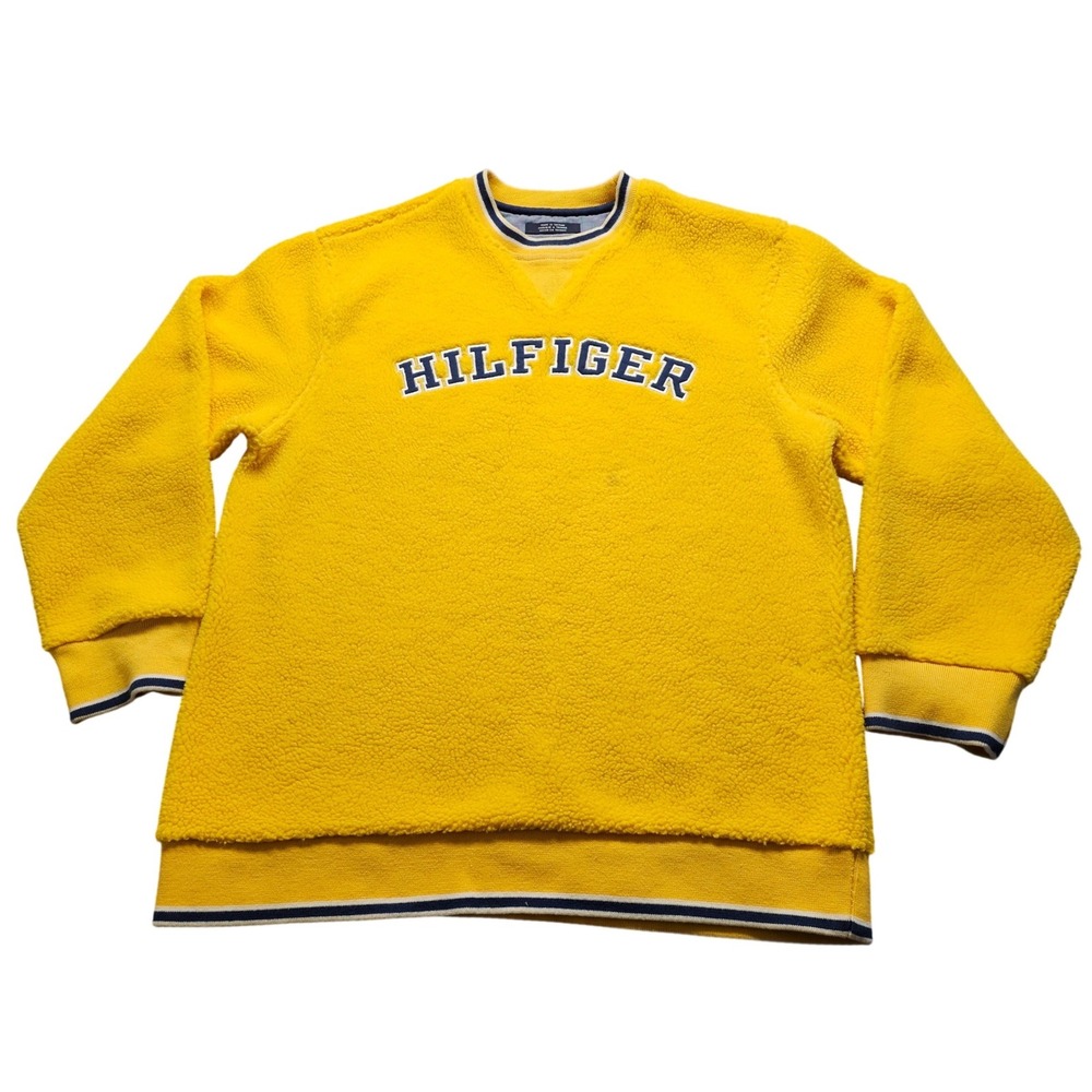 Tommy Jeans Hilfiger Sherpa Fleece Sweatshirt Mens S Yellow Pullover Logo 90s